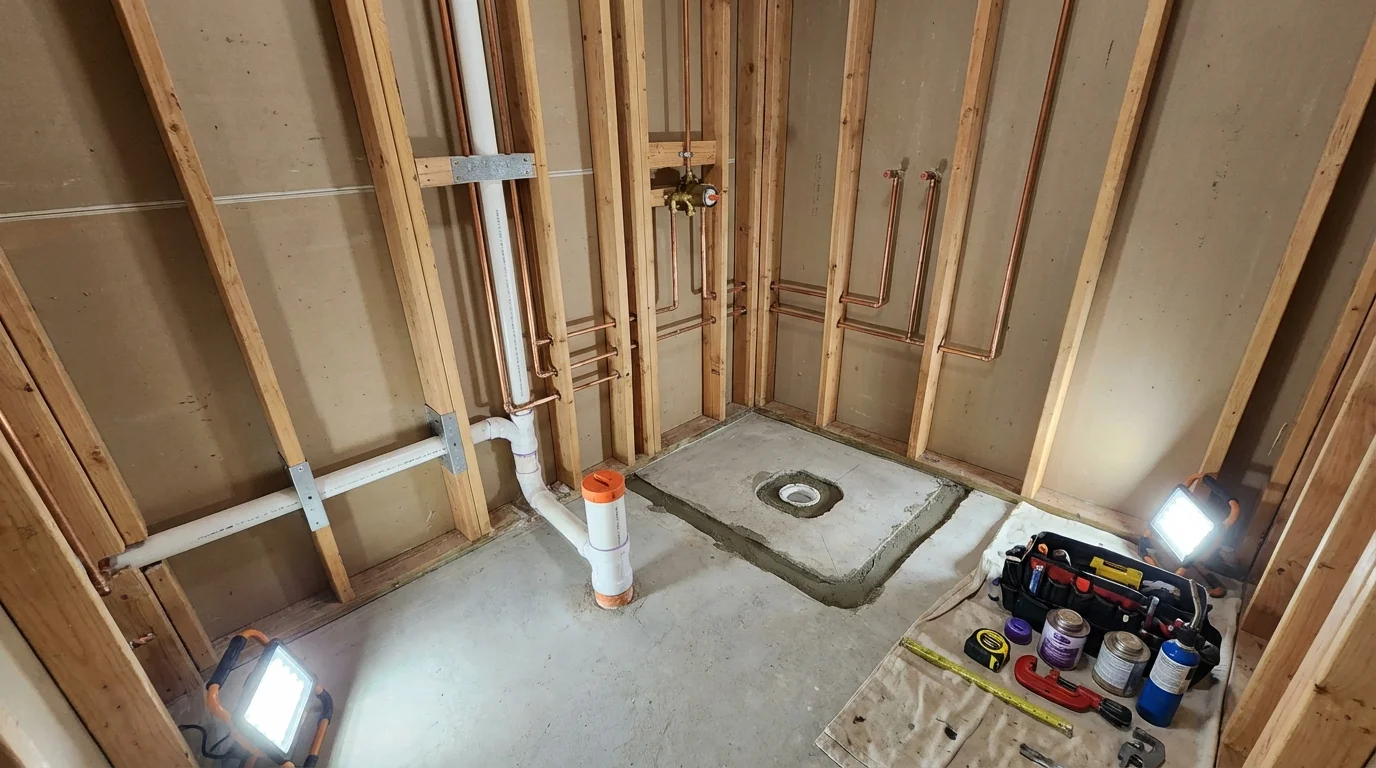 Bathroom rough-in plumbing during remodel by Johns Plumbing LLC in Nora Springs