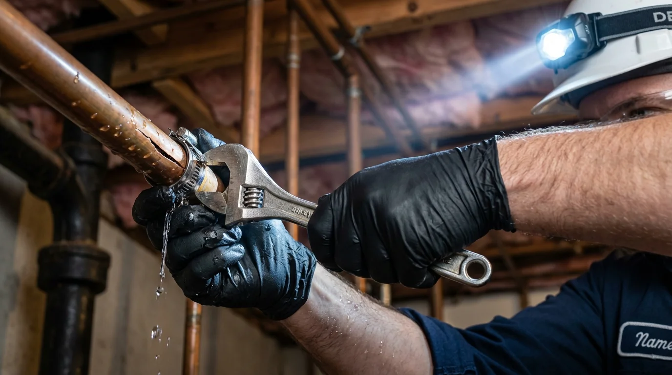 Emergency pipe clamp repair being performed by a Johns Plumbing LLC plumber in Nora Springs