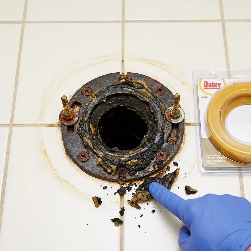 Failed wax ring showing water seepage at the base of a toilet in a Nora Springs, IA home