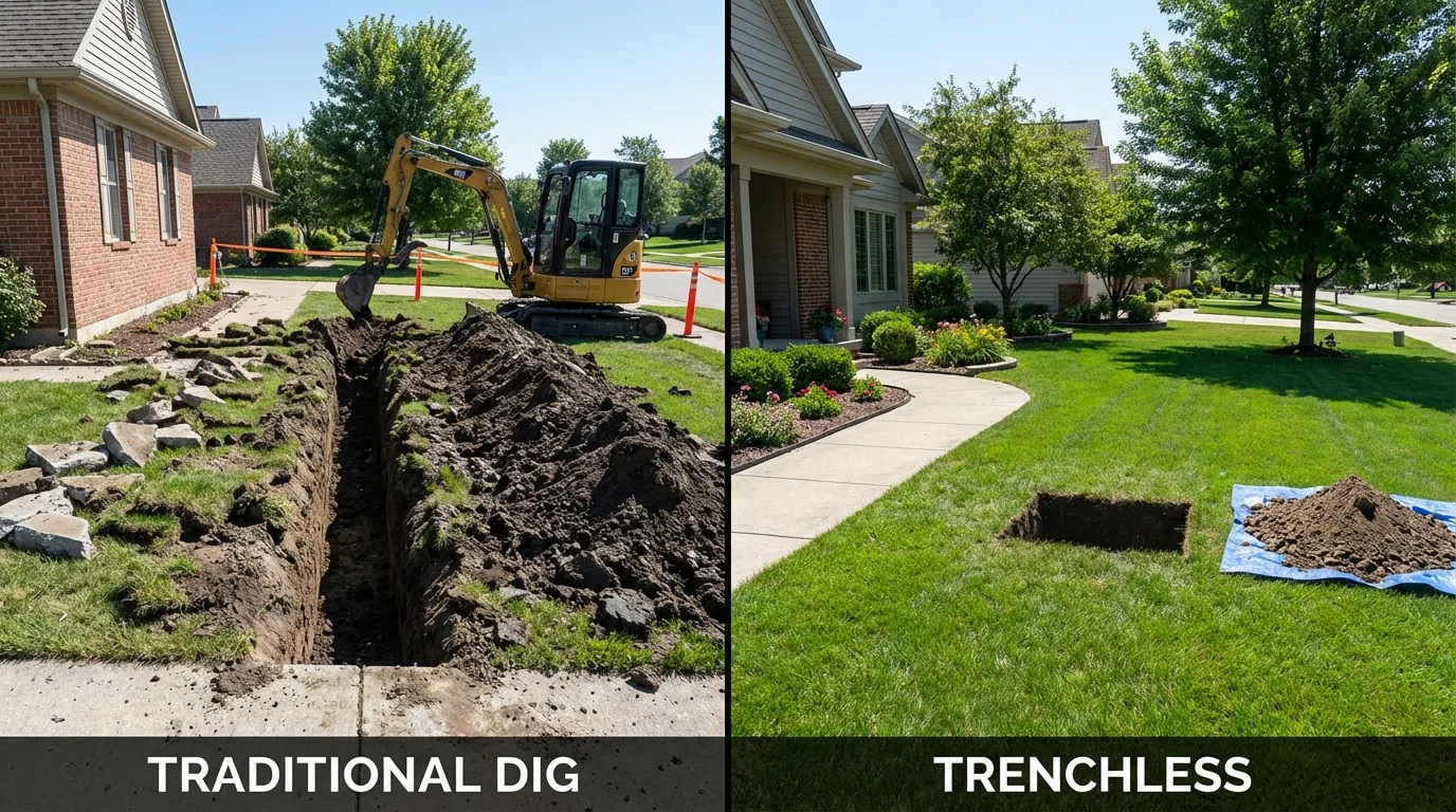 Trenchless sewer repair with minimal yard damage versus traditional excavation in Nora Springs, IA