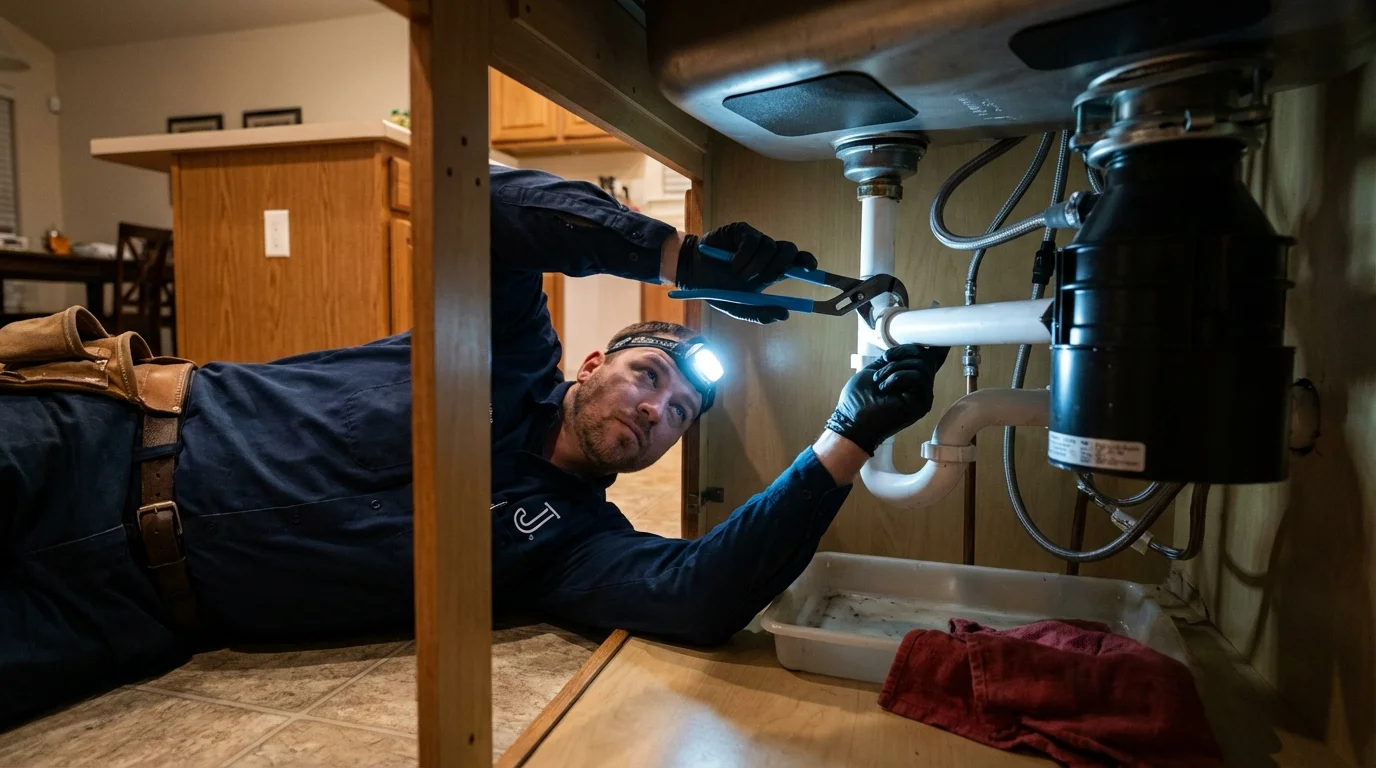 P-trap and supply line connections under a kitchen sink showing a common leak point in Nora Springs, IA